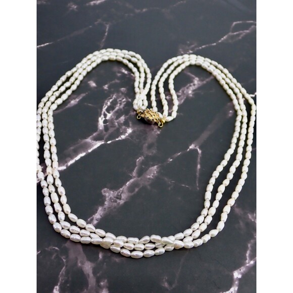 Genuine Fresh Water Rice White Pearls 3 Strand Necklace Box Clasp Vintage 24" - Picture 8 of 15
